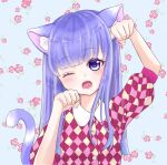  1girl :3 :d ;) animal_crossing animal_ears argyle argyle_dress arms_up bangs bare_arms bare_shoulders blush breasts cat cat_ears cat_girl cat_tail character_name closed_eyes closed_mouth commentary_request dress eyebrows_visible_through_hair fingerless_gloves fingernails flower-shaped_hair gloves hair_between_eyes hair_ornament hand_on_hip hand_on_own_chest head_tilt highres leaning_forward looking_at_viewer medium_breasts multicolored_clothes multicolored_dress multiple_views one_eye_closed open_mouth pencil_dress personification photoshop_(medium) pumps rosie_(animal_crossing) sleeveless sleeveless_dress slit_pupils smile star_(symbol) star_hair_ornament tail too_co_7020 upper_body waving 