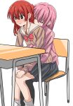  2girls absurdres black_eyes black_pantyhose black_skirt blush bocchi_the_rock! bow bowtie brown_shirt chair closed_mouth commentary desk gotoh_hitori highres hug hug_from_behind jacket kita_ikuyo multiple_girls one_side_up pantyhose pink_jacket pleated_skirt red_bow red_bowtie red_hair ryoo_0526 school_chair school_desk school_uniform shirt shuka_high_school_uniform simple_background sitting sitting_on_lap sitting_on_person skirt sweatdrop track_jacket white_background yuri 