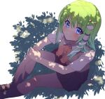  1girl alternate_costume blue_eyes blush dappled_sunlight eyebrows_visible_through_hair frog_hair_ornament from_above green_hair hair_ornament hair_tubes hand_on_own_knee kochiya_sanae long_hair looking_at_viewer school_uniform shiroi_karasu shirt short_sleeves sitting skirt smile snake_hair_ornament solo sunlight touhou white_shirt 