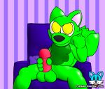  ambro_rainfall anthro furniture genitals green_body green_ears hi_res holding_penis male penis pillow purblube_scramble-prll purple_background simple_background sofa solo solo_focus yellow_eyes 