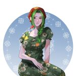  1girl anyumii136 braid braided_ponytail brown_eyes circle dress floral_print green_hair headscarf highres makino_(one_piece) one_piece parted_lips pink_lips puffy_short_sleeves puffy_sleeves red_headscarf short_sleeves sidelocks sitting solo 