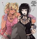  2girls absurdres animal_print ankh_necklace applying_lipstick applying_makeup applying_mascara arm_around_shoulder black_hair black_lips black_nails blonde_hair blue_eyes braid breasts chin_piercing cleavage earrings english_text eyewear_on_head face_piercing fishnets goth_fashion grey_background highres hoop_earrings jewelry leopard_print multiple_girls nose_piercing nose_ring one_eye_closed original piercing pink_lips sunglasses twintails yellow_eyes yoracrab 
