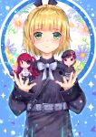  1girl absurdres ahoge asami_makiko_(heaven_burns_red) belt black_hat black_jacket black_nails black_ribbon black_skirt blonde_hair blue_background blue_flower blush bow bowtie character_doll chibi chibi_inset closed_mouth commentary cowboy_shot doll dual_wielding earrings eyepatch floral_background flower green_eyes grin hair_ribbon half_updo hands_on_own_hips hands_up hat heaven_burns_red highres holding holding_doll izumikuu jacket jewelry light_particles light_smile long_hair long_sleeves looking_at_viewer military_hat military_uniform nanase_nanami_(heaven_burns_red) one_eye_covered pink_flower purple_eyes red_eyes red_hair ribbon shirt short_hair simple_background single_earring skirt smile solo tezuka_saki white_belt white_bow white_bowtie white_shirt yellow_flower |_| 