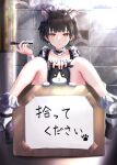  1girl :3 absurdres animal_ear_fluff animal_ears animal_on_lap bangs bare_legs black_hair blunt_bangs blush bow box calf_socks cat cat_ears cat_girl choker collarbone dappled_sunlight detached_collar ear_chain earrings eyebrows_visible_through_hair frilled_choker frills hair_bow highres in_box in_container itogari jewelry knees_up lace-trimmed_legwear lace_trim light_rays looking_at_viewer maid maid_headdress nail_polish on_lap original petting short_hair sign slit_pupils smile solo strappy_heels sunlight translation_request yellow_eyes 