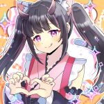  1boy :q animal_ear_fluff animal_ears black_hair black_sleeves blush cho_kaguya-hime! closed_mouth commentary_request detached_sleeves frilled_sleeves frills heart heart_hands horns japanese_clothes kimono komazawa_noi kou_hiyoyo long_hair long_sleeves male_focus multicolored_hair nail_polish orange_background pink_hair pink_kimono pink_nails pixelated purple_eyes smile solo sparkle streaked_hair tail tongue tongue_out twintails two-tone_background upper_body white_background wide_sleeves 