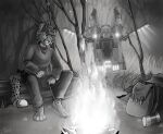  anthro backpack barefoot black_and_white blue_eyes campfire camping cheetah clothed clothing escape_pod feet felid feline fire forest gun landing_craft log male mammal mang monochrome paws plant ranged_weapon solo spacecraft spots tatujapa technology tree vehicle weapon wilderness wood 