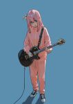  1girl blue_background blue_eyes blush_stickers bocchi_the_rock! commentary_request electric_guitar full_body gotoh_hitori guitar guitar_strap h4sh1rnoto hair_between_eyes highres instrument jacket long_hair looking_at_viewer music pants parted_lips pink_hair pink_jacket pink_pants pink_track_suit playing_instrument shoes side_ahoge sneakers solo track_jacket track_suit 