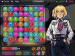  1girl ? ?? black_pants blonde_hair blush breasts closed_mouth collared_shirt commentary cowboy_shot don_quixote_(project_moon) dress_shirt english_commentary gameplay_mechanics hands_on_own_hips highres hunie_(series) huniepop large_breasts liliesbloom4me limbus_company necktie orange_eyes pants parody project_moon red_necktie shirt short_hair smile solo white_shirt 