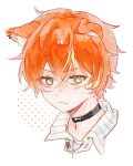  1boy animal_ear_fluff animal_ears black_choker blonde_hair chinese_commentary choker closed_mouth collared_shirt commentary_request cropped_shoulders crossed_bangs dog_ears fang fang_out frown hair_between_eyes kemonomimi_mode male_focus multicolored_hair orange_hair project_sekai shinonome_akito shirt short_hair simple_background skin_fang solo streaked_hair striped_clothes striped_shirt two-tone_hair v-shaped_eyebrows white_background white_shirt xiamu239 yellow_eyes 