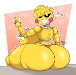  absurd_res animatronic anthro avian beakless bib big_breasts big_butt bird blonde_hair breasts butt chicken clothing english_text eye_through_hair female five_nights_at_freddy&#039;s five_nights_at_freddy&#039;s_2 galliform gallus_(genus) gesture hair hi_res huge_breasts huge_butt huge_thighs looking_at_viewer looking_back machine mrxrickyx non-mammal_breasts panties phasianid robot scottgames smile solo text thick_thighs toy_chica_(fnaf) translucent translucent_hair underwear v_sign video_games white_eyes yellow_body 