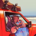  1girl absurdres animal_print atlyss beach_towel bikini blue-tinted_eyewear blue_eyes breasts brown_horns car cleavage colored_skin commentary commission day english_commentary expressionless fenceil highres horizon horns kobold kubold_(atlyss) leaning_forward lizard_tail medium_breasts monster_girl motor_vehicle multicolored_skin ocean orange_bikini outdoors pink_skirt player_character_(atlyss) rabbit_print rear-view_mirror red_car red_hair red_skin short_hair shortstack skirt snout solo sunglasses surf surfboard swimsuit tail tinted_eyewear towel two-tone_skin white-framed_eyewear 