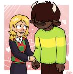  &lt;3 alternate_species anthro bison blonde_hair bovid bovine brown_body brown_fur deltarune duo female fur hair human killb94_(artist) kris_(deltarune) male male/female mammal noelle_holiday undertale_(series) video_games 