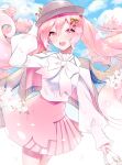  1girl arm_up bag beret blush bow brown_hat commentary_request earrings falling_petals fingernails flower_earrings grey_hat grey_jacket hair_between_eyes hair_ornament hat hatsune_miku holding holding_bag jacket jewelry long_hair long_sleeves nai nail_polish official_alternate_costume official_alternate_hairstyle open_mouth petals pink_eyes pink_hair pink_nails pink_petals pink_skirt pleated_skirt sakura_miku sakura_miku_(rella) shirt skirt smile solo very_long_hair vocaloid white_bow white_shirt yonesima_sin 