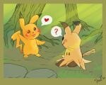  5:4 blush dialogue duo female forest krazyelf male mimikyu nintendo outside pikachu plant pok&eacute;mon pok&eacute;mon_(species) tree video_games yellow_body 