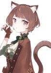 1girl absurdres animal_ear_fluff animal_ears anya_melfissa anya_melfissa_(steampunk) aqua_nails ascot blonde_streaks blunt_bangs bob_cut bow bowtie brooch brown_cape brown_corset brown_gloves brown_hair cape cat_ears cat_girl cat_tail claw_pose collar commentary corset double-parted_bangs earrings fingerless_gloves frilled_collar frilled_sleeves frills from_side gloves green_bow green_bowtie green_shirt highres hololive hololive_indonesia jewelry looking_at_viewer multicolored_hair nail_polish official_alternate_costume official_alternate_hairstyle purple_eyes shirafu_ne shirt short_hair short_sleeves simple_background solo streaked_hair tail two-tone_hair underbust upper_body virtual_youtuber white_background 