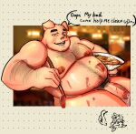 anthro areola balls belly big_belly bodily_fluids body_hair bowl chest_hair chopsticks coki6sip container dialogue digital_media_(artwork) domestic_pig english_text fingers food food_on_body food_on_penis fur genital_fluids genitals half-closed_eyes half-erect hi_res holding_bowl holding_chopsticks holding_container holding_object humanoid_genitalia humanoid_penis leaking_precum lego lego_monkie_kid looking_at_viewer male mammal moobs narrowed_eyes nipples noodles nude obese obese_anthro obese_male open_mouth overweight overweight_anthro overweight_male penis pigsy_(lego_monkie_kid) precum precum_string pubes smile solo speech_bubble suid suine sus_(pig) talking_to_viewer text