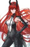 1girl absurdres black_horns breasts bright_pupils closed_mouth commentary_request contrapposto cowboy_shot earrings gauntlets hair_between_eyes headpiece highres horns jewelry jineg legs_apart long_hair looking_at_viewer medium_breasts mole mole_under_eye official_alternate_costume punishing:_gray_raven red_eyes red_hair simple_background solo standing vera:_geiravor_(hollow_crown)_(pgr) vera_(pgr) very_long_hair white_background white_pupils 