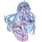  0o_merrow 1girl animal_ear_headphones animal_ears april_fools blue_eyes blue_hair blue_nails bodypaint bodysuit cat_ear_headphones cat_ears commentary_request detached_sleeves earpiece fake_animal_ears goddess_of_victory:_nikke headphones highres jewelry mekami_shifty_(nikke) multicolored_bodysuit official_alternate_design open_mouth painted_clothes ring shifty_(nikke) short_twintails simple_background smile solo teeth twintails upper_teeth_only white_background white_bodysuit white_sleeves 