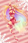  1girl absurdres ahoge arielle_(vtuber) arms_behind_head bdsm blonde_hair blue_eyes bondage bound bow breasts commentary english_commentary feet gift_wrapping hair_between_eyes highres huge_breasts indie_virtual_youtuber k_a_sousa large_breasts legs long_hair looking_at_viewer multicolored_hair nude rainbow_hair red_bow thighs very_long_hair virtual_youtuber 