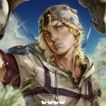  1boy artist_name beanie blonde_hair blue_eyes blue_lips blue_sky blurry blurry_foreground cloud day drawstring english_commentary hat heart_ornament highres hood hood_down hoodie horse horse_print horseshoe horseshoe_hat_ornament horseshoe_ornament johnny_joestar jojo_no_kimyou_na_bouken makeup male_focus medium_hair outdoors parted_lips raatha2909 red_sleeves reins short_sleeves sky slow_dancer_(jojo) solo star_(symbol) star_print steel_ball_run two-tone_sleeves upper_body white_hat white_hoodie white_sleeves zipper zipper_pull_tab 