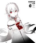  1girl arknights bare_shoulders blood blood_bag choker cross cross_earrings dress drink drinking drinking_blood earrings greek_cross hair_between_eyes highres holding holding_drink jewelry kieed long_hair looking_at_viewer pointy_ears red_eyes solo spot_color warfarin_(arknights) 