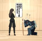  1boy 1girl aqua_hair black_hair black_jacket black_pants black_shoes blunt_bangs brown_hair commentary crossed_arms crossover demon_slayer_uniform dojo flats frown girls_und_panzer highres jacket jitome kimetsu_no_yaiba long_hair long_sleeves looking_at_another multicolored_hair nishizumi_shiho omachi_(slabco) on_one_knee pant_suit pants shoes standing steam suit sweat tokitou_muichirou translated two-tone_hair wooden_floor wooden_wall 