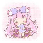  1girl :3 absurdres animal_ear_fluff animal_ears asymmetrical_legwear bow cat_ears cat_girl cat_tail chibi closed_eyes closed_mouth commentary_request dress facing_viewer frilled_pillow frills hair_bow head_tilt highres hugging_object long_hair mitarashi_neko no_shoes one_eye_closed original panties pillow pillow_hug pink_hair purple_bow purple_dress purple_panties red_bow see-through_clothes see-through_dress side-tie_panties socks solo standing striped_clothes striped_socks striped_thighhighs tail tail_bow tail_ornament thighhighs underwear very_long_hair yellow_bow 