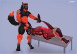 2026 anthro anthro_on_anthro anthro_penetrated anthro_penetrating anthro_penetrating_anthro balls black_body black_fur blue_border border bound digital_drawing_(artwork) digital_media_(artwork) digitigrade duo english_description erection fur genitals hands_behind_back hi_res humanoid_genitalia humanoid_hands humanoid_penis legs_tied looking_down looking_down_at_partner lying lying_on_table machine male male/male male_penetrated male_penetrating male_penetrating_male muscular muscular_anthro muscular_arms muscular_male muscular_thighs navel on_back oral oral_penetration penetration penis penis_in_mouth protogen protogen_visor red_body red_eyes red_fur sex shark_tail standing table_sex tail tail_grab vein veiny_penis zipkael