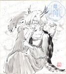  1girl absurdres antlers blush closed_eyes collarbone commentary_request dragon_girl dragon_horns dragon_tail english_commentary fang happy highres horns kicchou_yachie mixed-language_commentary open_mouth otter otter_spirit_(touhou) petting pointy_ears shikishi shirt short_hair sitting skin_fang skirt smile spiked_shell square_neckline tail touhou traditional_media turtle_shell watermark watermark_grid yuzuha_(yuzutime) 