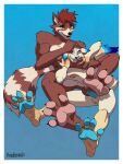 4_toes anthro armpit_hair balls blue_background blue_body blue_nose blue_pawpads blue_penis body_hair border brown_body brown_fur canid canine canis claws duo erection feet fennec_fox foot_fetish foot_focus foot_play fox fur genitals green_eyes hair hi_res hug humanoid_genitalia humanoid_penis male male/male mammal nude patoso pawpads paws penis plantigrade red_hair simple_background smile soles tail tan_body toe_claws toes true_fox white_border