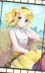  1girl alternate_costume arm_support black_hairband black_pantyhose blonde_hair blue_eyes blush bow bow_hairband car car_interior collared_shirt commentary_request convertible dress_shirt film_strip hairband highres kagamine_rin looking_at_viewer mani_(manidrawings) medium_hair motor_vehicle outdoors pantyhose polka_dot polka_dot_skirt seatbelt shirt sidelocks sitting skirt sleeveless sleeveless_shirt smile solo swept_bangs unmoving_pattern vocaloid white_bow white_shirt yellow_skirt 