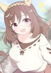  1girl absurdres animal_ears arnolddayo blush braid breasts brown_hair buena_vista_(casual)_(umamusume) buena_vista_(umamusume) casual checkered_hairband collarbone commentary_request ear_covers hair_between_eyes hair_ribbon hairband highres horse_ears horse_girl horse_tail long_sleeves looking_at_viewer medium_breasts open_mouth purple_eyes ribbon ribbon_braid skirt smile solo sweater tail umamusume white_sweater yellow_hairband 