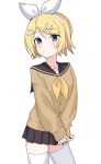  1girl :/ black_sailor_collar black_skirt black_thighhighs blonde_hair blue_eyes blush bow brown_cardigan cardigan commentary_request hair_bow hair_ornament hairband hairclip highres kagamine_rin kaneko_2019 long_sleeves looking_at_viewer neckerchief pleated_skirt sailor_collar short_hair simple_background skirt solo thighhighs vocaloid white_background white_hairband yellow_neckerchief 
