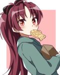  1girl bag black_bow blush border bow commentary_request food food_in_mouth from_side green_hoodie hair_bow holding holding_bag hood hood_down hoodie long_hair long_sleeves looking_at_viewer mahou_shoujo_madoka_magica mani_(manidrawings) outside_border paper_bag pink_background ponytail red_eyes red_hair sakura_kyoko sidelocks simple_background solo taiyaki upper_body wagashi white_border 