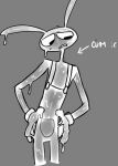  4_fingers anthro bodily_fluids cum cum_covered directional_arrow fingers frown genital_fluids glistening glistening_body glitch_productions jax_(tadc) karnthud lagomorph leporid looking_down male mammal messy rabbit solo sweat sweatdrop text the_amazing_digital_circus upset 