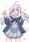  1girl 67_(meme) :d ahoge alpha_cas backpack bag black_neckerchief blue_archive cardigan commentary cowboy_shot eyelashes grey_serafuku grey_skirt hair_bobbles hair_ornament halo happy heart highres long_sleeves meme multicolored_hair neckerchief open_mouth pink_bag pink_hair pink_halo pleated_skirt purple_hair reisa_(blue_archive) school_uniform serafuku simple_background skirt smile solo star_(symbol) star_hair_ornament star_halo tareme toggles trinity_general_school_logo twintails two-tone_hair white_background 