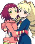  2girls :/ big_hair blonde_hair blue_jacket blush closed_mouth coco_apollon commentary_request drill_hair green_eyes hood hoodie hug jacket long_hair looking_at_viewer luna_platz_(mega_man) mega_man_(series) mega_man_star_force_(series) multiple_girls mutual_hug open_clothes open_jacket pink_hoodie red_hair shirt short_hair smile sonia_strumm_(mega_man) twin_drills upper_body white_shirt 