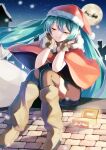  1girl black_dress black_thighhighs blush brown_gloves brown_shoes capelet closed_eyes commentary_request double-parted_bangs dress full_body fur-trimmed_capelet fur-trimmed_headwear fur_trim gloves hair_between_eyes hat hatsune_miku highres leg_warmers long_hair mani_(manidrawings) moon night on_rooftop red_capelet red_hat reindeer sack santa_costume santa_hat shoes sidelocks sitting sky sleigh smile solo star_(sky) thighhighs twintails very_long_hair vocaloid 