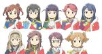  6+girls aijo_karen black_hair blonde_hair blue_eyes blue_hair blue_jacket brown_eyes brown_hair closed_mouth cropped_torso daiba_nana glasses green_eyes hanayagi_kaoruko highres hoshimi_junna isurugi_futaba jacket kagura_hikari long_hair looking_at_viewer multiple_girls pink_eyes pink_hair purple_hair red_sash saijo_claudine sash short_hair shoujo_kageki_revue_starlight shoulder_sash sidelocks simple_background smile tendo_maya tsubobot tsuyuzaki_mahiru two_side_up white_background white_sash 