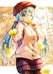  1girl aqua_eyes aqua_hair autumn_leaves backpack bag black_pantyhose cardigan commentary_request cowboy_shot hair_between_eyes hair_ribbon hat hatsune_miku leaf letterboxed long_hair looking_at_viewer mani_(manidrawings) one_eye_closed outdoors outline outside_border pantyhose pink_ribbon plaid_clothes plaid_skirt red_hat red_skirt ribbon shirt sidelocks skirt solo twintails very_long_hair vocaloid white_outline white_shirt yellow_cardigan yellow_leaves 