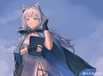  1girl animal_ears arknights black_cape black_gloves blue_cape cape chinese_commentary clothes_writing commentary_request cowboy_shot dress fingerless_gloves gloves green_eyes grey_dress grey_hair hand_in_own_hair hand_up highres infection_monitor_(arknights) long_hair looking_at_viewer parted_lips rosmontis_(arknights) solo standing two-sided_cape two-sided_fabric wangmou_zilaojuan watermark weibo_watermark 