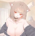  1girl animal_ear_fluff animal_ears bell black_choker blunt_bangs bra breasts brown_hair choker cleavage collarbone colored_inner_hair commentary_request fang fox_ears fox_girl fox_tail grey_shirt highres jingle_bell large_breasts mayu_shirasaki medium_hair multicolored_hair open_mouth original red_eyes red_hair shirt solo sorotu tail underwear white_bra 