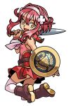  1girl ako_(another)_(shinrabanshou) ako_(shinrabanshou) ankle_boots arm_shield belt boots breasts brown_belt brown_boots brown_eyes from_side gold_trim hair_between_eyes hair_ornament hairband harakawa_mitsuhiro holding holding_sword holding_weapon kneeling looking_at_viewer multicolored_shirt neckerchief official_art open_mouth over_shoulder pink_hair pink_shirt red_sailor_collar red_shirt red_skirt sailor_collar shield shinrabanshou shirt sidelocks simple_background skirt sleeveless sleeveless_shirt small_breasts smile solo sword sword_over_shoulder thighhighs third-party_source transparent_background weapon weapon_over_shoulder white_hairband white_neckerchief white_thighhighs 