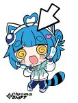  1girl @_@ absurdres ahoge animal_ear_hairband animal_ears aqua_jacket blue_gloves blue_hair blue_pants blush blush_stickers chibi chibi_only chromashift commentary copyright_logo copyright_name cursor drawstring english_commentary fake_animal_ears fang fingerless_gloves full_body gloves hair_bun hair_ornament hairband headset heart heart_ahoge heart_hair_ornament highres hood hood_down hooded_jacket jacket logo long_sleeves melonbread merchandise_available official_art open_mouth pants poko_rakun raccoon_girl raccoon_tail shoes short_hair simple_background single_side_bun single_tear solo sweatdrop tail virtual_youtuber white_background white_hairband white_shoes yellow_eyes 