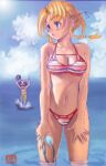  1boy 1girl bikini blonde_hair blue_eyes blue_sky blush braid braided_bun breasts cleavage commentary_request crown_braid deformed facial_hair fuurinji_miu goggles hair_bun hair_ornament hands_on_own_thighs highres holding holding_goggles horizon kanzashi large_breasts ma_kensei matsuena_shun mole mole_under_eye mustache navel ocean official_art open_mouth shijou_saikyou_no_deshi_ken'ichi sketch sky standing swimsuit water 