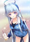  1girl arikawa_satoru black_shirt blue_archive blue_jacket blush breasts buruma collarbone commentary_request cup disposable_cup drinking_straw gym_uniform halo headgear headphones highres holding holding_cup jacket long_hair looking_at_viewer mechanical_halo medium_breasts millennium_science_school_logo noa_(blue_archive) open_mouth purple_eyes shirt smile solo thighs track_jacket white_hair 