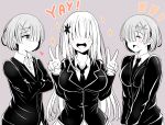  3girls ayannon_yumme black_necktie blazer blush breasts closed_eyes closed_mouth commentary contemporary covered_eyes double_v english_commentary english_text hair_ornament hair_over_one_eye hair_ribbon highres jacket large_breasts long_hair long_sleeves medium_breasts monochrome multiple_girls necktie open_mouth partially_colored pleated_skirt ram_(re:zero) re:zero_kara_hajimeru_isekai_seikatsu rem_(re:zero) ribbon satella_(re:zero) school_uniform shirt short_hair siblings sisters skirt small_breasts smile sparkle twins v white_hair white_shirt x_hair_ornament 