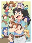  6+girls ^^^ ahoge akizuki_ritsuko amami_haruka animal_ears antenna_hair belt bird_wings black_hair black_headband blonde_hair blue_eyes blue_hair blue_shirt blush bow brown_hair cat_ears cat_tail chibi closed_eyes commentary_request cowboy_shot crossed_arms everyone fang fox_ears fox_tail futami_ami futami_mami ganaha_hibiki hagiwara_yukiho hair_bow headband high_ponytail highres holding hoshii_miki idolmaster idolmaster_(classic) kikuchi_makoto kisaragi_chihaya long_hair midriff minase_iori mini_person minigirl miura_azusa mouse_ears multiple_girls navel numakura_manami open_mouth panda_ears panda_tail pants ponytail purple_eyes purple_hair rabbit_ears shijou_takane shirt short_hair short_side_ponytail short_sleeves side_ponytail simple_background standing surprised t-shirt tail takatsuki_yayoi tsubobot twintails v-shaped_eyebrows voice_actor voice_actor_connection white_pants wings 
