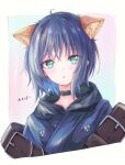  1girl animal_ears black_choker blue_hair blue_hoodie blue_kimono blush cho_kaguya-hime! choker commentary donut_kumo fox_ears fox_girl green_eyes highres hood hood_down hoodie japanese_clothes kimono looking_at_viewer parted_lips sakayori_iroha short_hair solo translation_request upper_body 