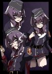  black_hair blood blue_archive commentary_request garrison_cap hair_between_eyes hair_ornament hairclip halo haruka_(blue_archive) hat highres long_hair long_sleeves looking_at_viewer multiple_persona nagai_negi purple_eyes purple_hair purple_halo shirt short_hair 